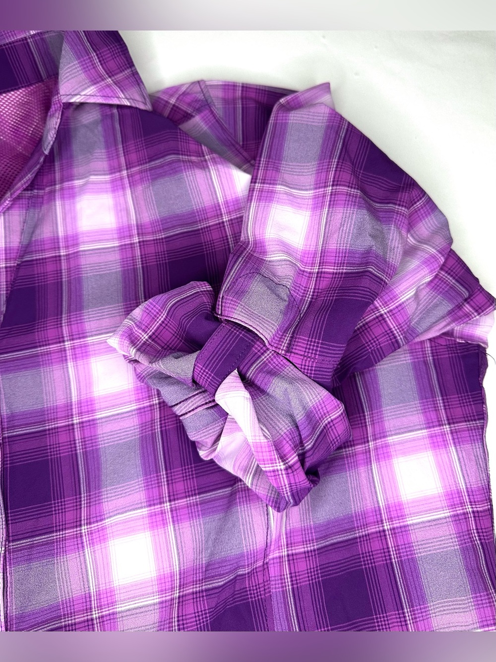 Duluth Trading Co Sidewinder Purple Plaid Roll Tab Sleeve Vented Hiking Shirt XL - Picture 7 of 8